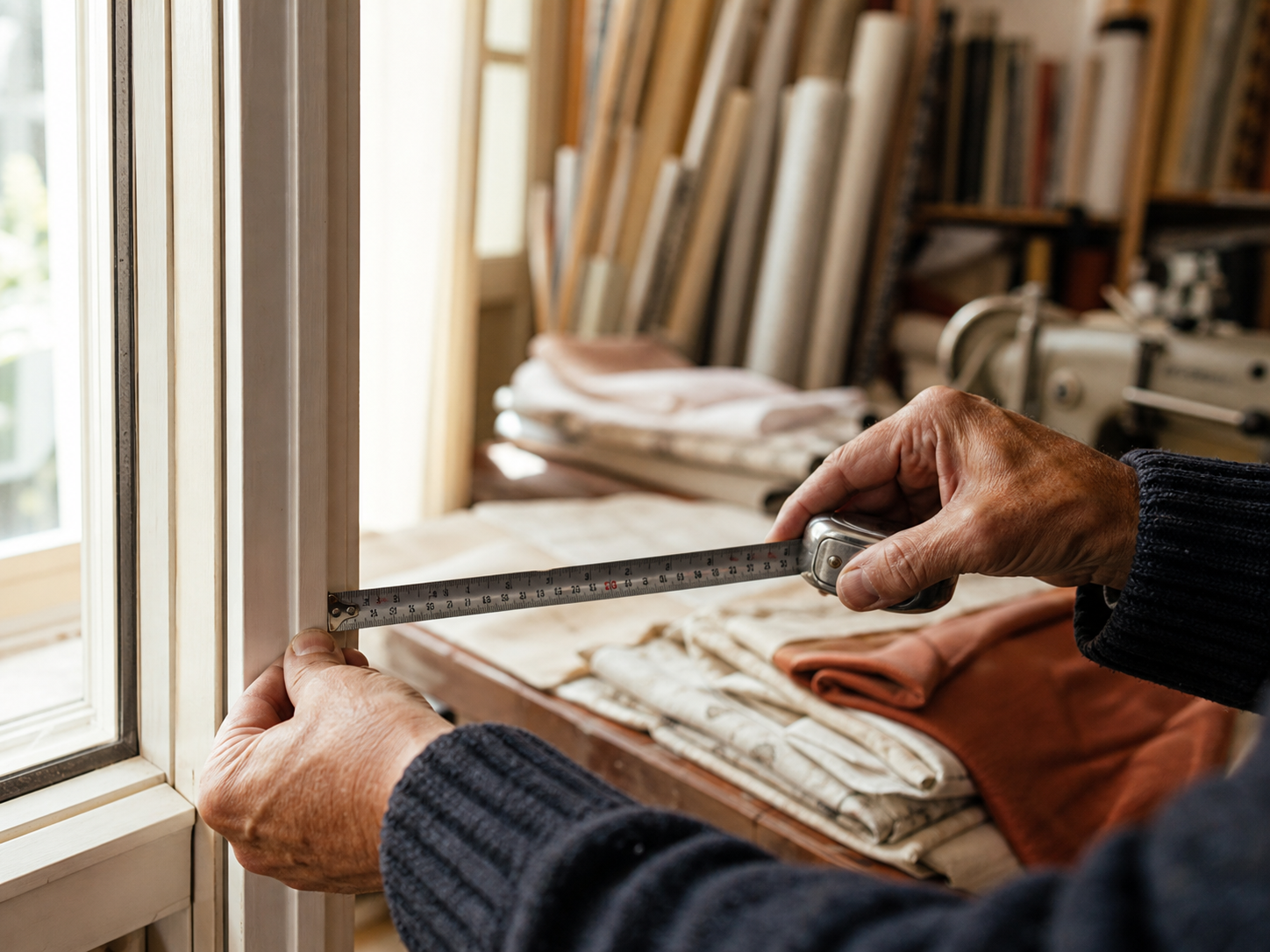 Manos de un instalador midiendo el marco de una ventana con cinta métrica metálica en un taller de cortinas
